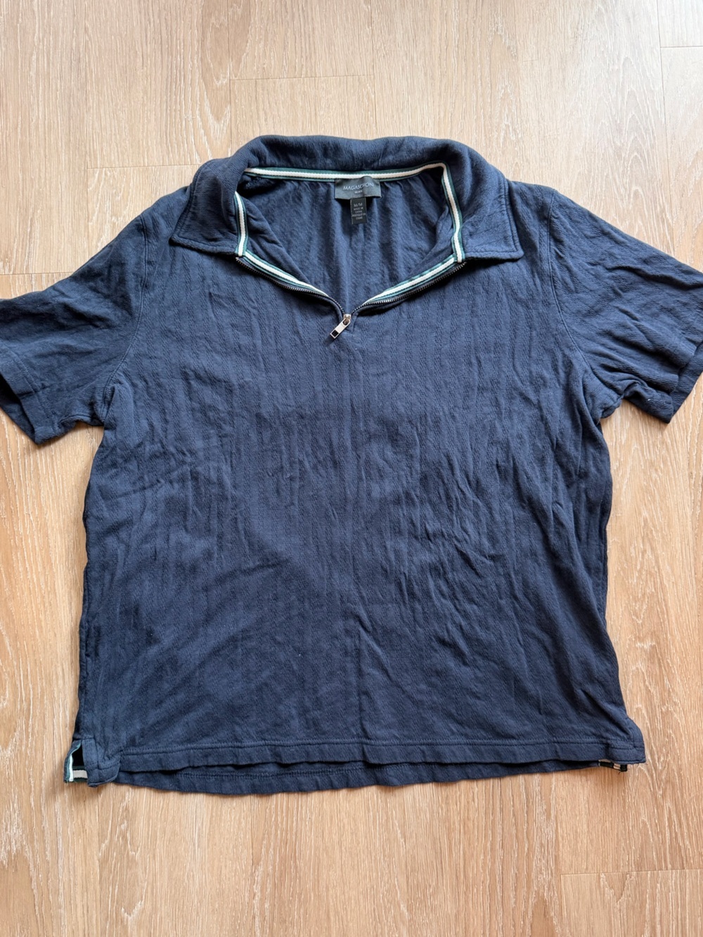 Vintage Magaschoni Navy Polo with Striped Trim and Zipper